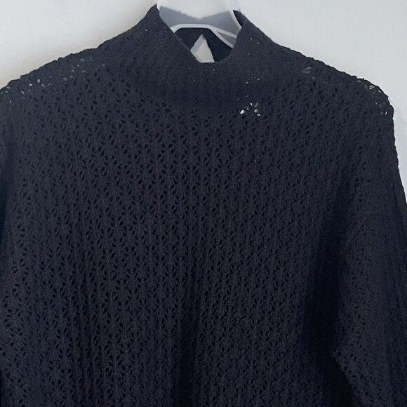 Garnet Hill Silk Cashmere Crochet Sweater Size Small Mock Neck Black Preppy - Picture 3 of 16